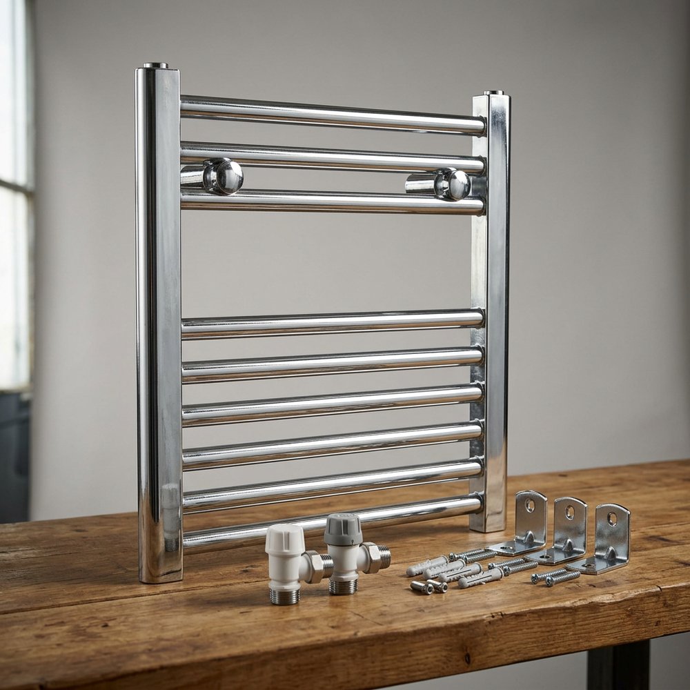 Chrome ladder towel radiator — kit with vents and brackets